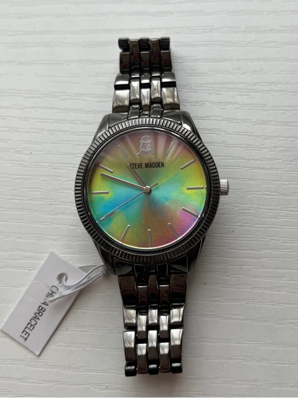 NWT Steve Madden Women's Rainbow Watch – Gunmetal Link Band, New Battery
